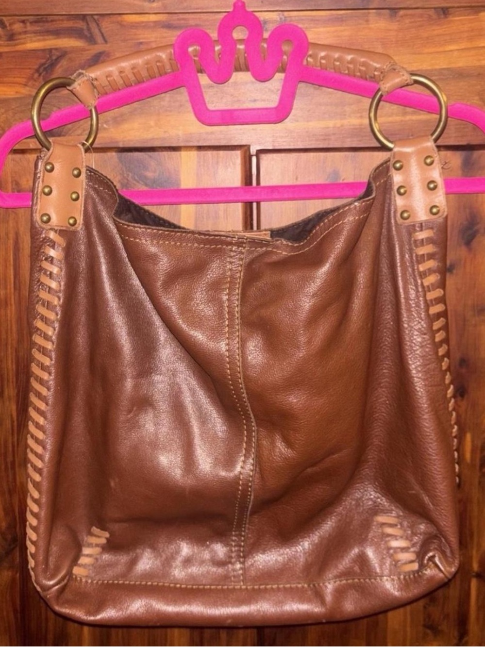 Lucky Brand Brown Leather Whipstitch Hobo Bag Purse Magnetic Closure Fall